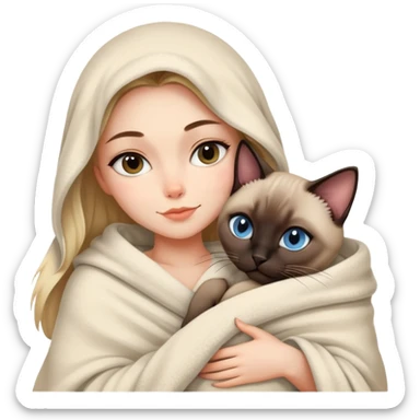 A beautiful and sexy Caucasian girl wrapped in a blanket hugging a Siamese cat sticker