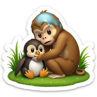 A monkey melting and crying while having a penguin on its head and both of them are touching grass sticker