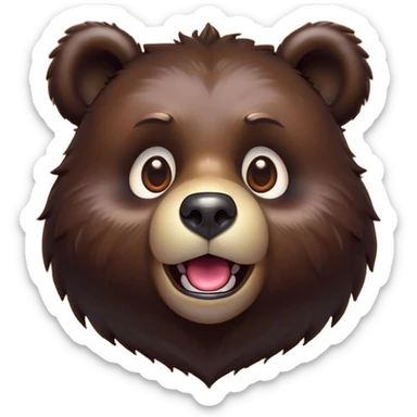 Cinematic Comical Bear Portrait Emoji, Head tilted dramatically with an exaggeratedly amused expression, featuring a striking, glossy dark brown fur with bold fur texture, wide, expressive eyes filled with playful disbelief, Simplified yet hilariously expressive features, highly detailed, glowing with a slightly sassy glow, high shine, dramatic yet playful, stylized with an air of cheeky wilderness mischief, bright and endearing, soft glowing outline, capturing the essence of a spirited and over-the-top bear, so meme-worthy it feels like it could roar its way into internet fame instantly! sticker