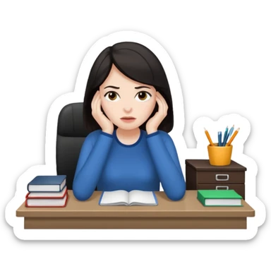  iOS emoji style - An overwhelmed woman sitting at a desk. She has dark hair. sticker