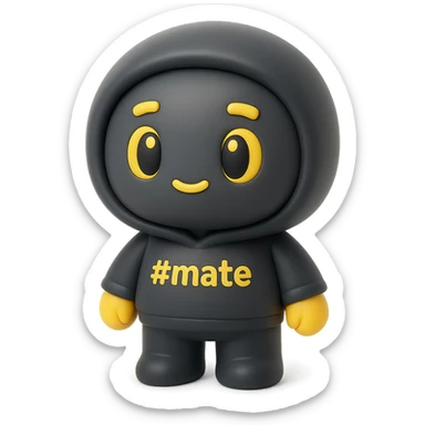 3D kawaii chibi character resembling a vinyl or clay figurine, matte texture, soft lighting with smooth shadows, volumetric surfaces. Large head, short limbs. Hoodie and body are matte dark gray or black, face slightly lighter dark gray or anthracite. Hands are yellow. Eyes are oval, expressive, with yellow outline, colored base, black pupil with highlight. Eyebrows and mouth are yellow. On the costume, the text '#mate' with the # in yellow. White or milky-white background, no extra decorations. sticker