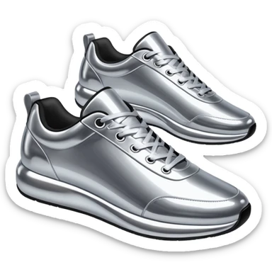 A pair of futuristic sneakers emoji made of silver chrome, sleek streetwear design, smooth metallic panels, subtle reflections, luxury swag aesthetic, iOS emoji style, centered, clean white background sticker
