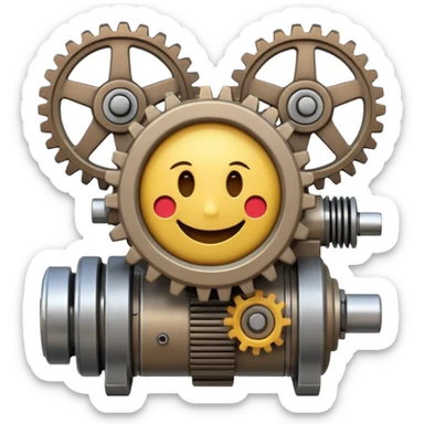 Industrial mechanical motor with a smiley face, emoji for the new electric music genre Motor breaks must be friendly and sellable must be small but clear child friendly, ready to use as a logo, motor synth make sure it's not Cold the Face must look like it's part of the machine sticker