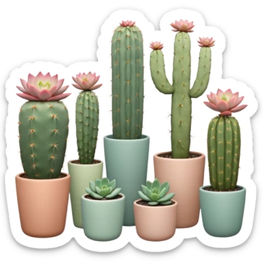 Ceramic pots in pastel colors, tall and short, cylindrical, square, and bowl-shaped, containing cereus cactus plants, hanging cacti, flowering cacti, echeveria succulents, sedum succulents, and graptopetalum succulents placed in a row on the floor sticker