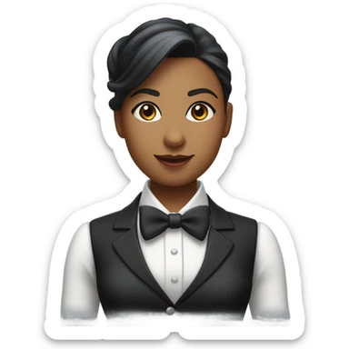 a female butler with a professional and elegant demeanor. She has her hair neatly tied in a ponytail and wears a classic butler uniform, including a tailored vest, crisp white shirt, and bow tie. sticker
