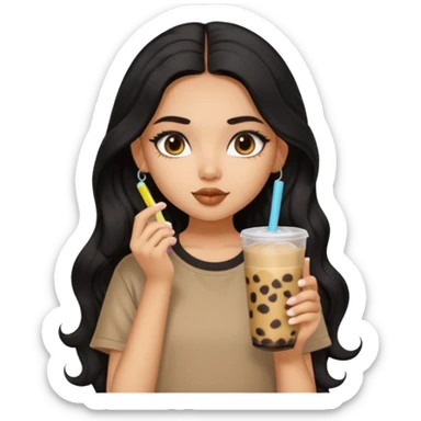 a pretty FAIR indian bratz girl with wavy long black hair, wearing an oversized brown tshirt, drinking boba, eyeliner on sticker