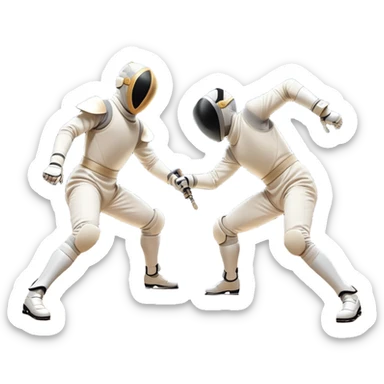 Two fencers in full protective gear and masks duel on a professional piste, swords clashing mid-air. Dynamic lunges and defensive stances highlight the intensity of the sport. The background features a stylized fencing arena with bright lights. Transparent background sticker