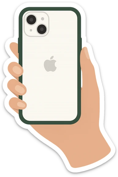 Minimalist design of a pure white iPhone with a dark green case, viewed from the back, held by a female hand with nude manicure, emoji style, no emojis included. sticker