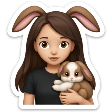 Girl About 15 years old with light skin and brunette Long slightly wavy hair, with dark brown eyes. Shes wearing black t-shirt. In her hand she's holding a brown bunny with ears down sticker