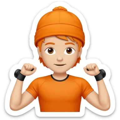 Mach mir einen glücklichen typen der im gym trainert und viele muskeln hat mit einem orangen sport thshirt und schwarzen kurzen haaren sticker