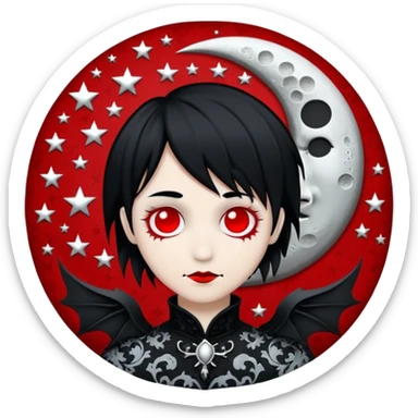 Gothic edgy emo black and white and red and silvery starry damask moon sticker