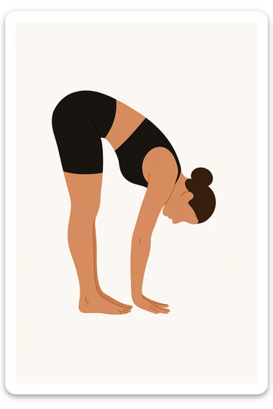 Minimalist flat vector illustration of a woman doing yoga in forward fold pose (Uttanasana), wearing sportswear (black top and black shorts), brown hair in a bun, clean white background, no face details, elegant style sticker