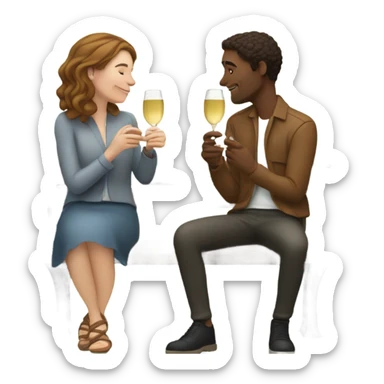 couple of white people with brown hair, sitting closely on a park bench, enjoying a romantic moment. One person is holding a croissant, and the other is holding a glass of Prosecco.  sticker