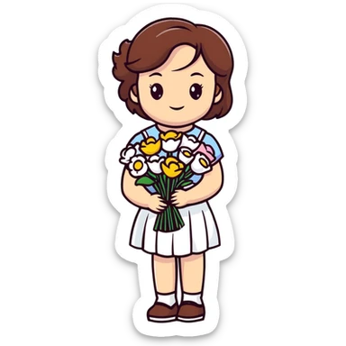 girl with brown hair wearing a white skirt holding a bouquet of flowers sticker