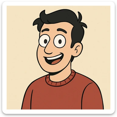 a smiling guy with a red sweater, brown eyes, and black hair, cartoon style, upper body, simple background sticker