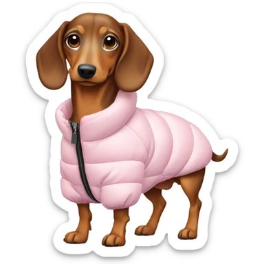 Dashchund wearing a light pink puffer jacket  sticker