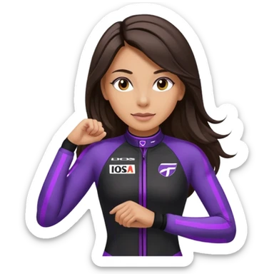 brunette long hair woman with black racing outfit with single purple strips on arms sticker