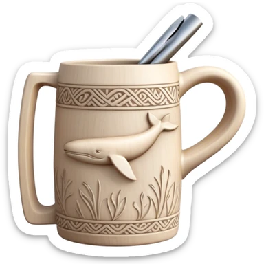 Scandinavian carving icon, whale bone mug or vase with intricate Norse patterns, chisels and carving tools, minimalistic style, clean lines, transparent background. sticker