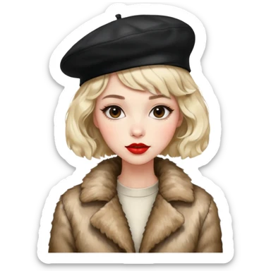 Alluring 1970's beret French girl french shiny black wavy textured bob haircut tousled hair red lips wearing furry jacket sticker