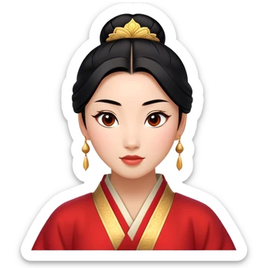 Cinematic Elegant Mulan Portrait Emoji, rendered in a flat, vector-style with minimal shading and bold, simplified shapes. Depict Mulan (chest and above) with warm, light-toned skin, almond-shaped eyes, and sleek black hair styled in a traditional bun. She wears a modest, traditional robe with subtle red and gold accents, glowing with a soft, refined radiance and high shine, capturing timeless beauty and inner strength. sticker