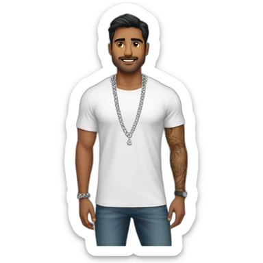 A strong Indian man wearing men silver chain,styled on a Full sleeve tshirt sticker