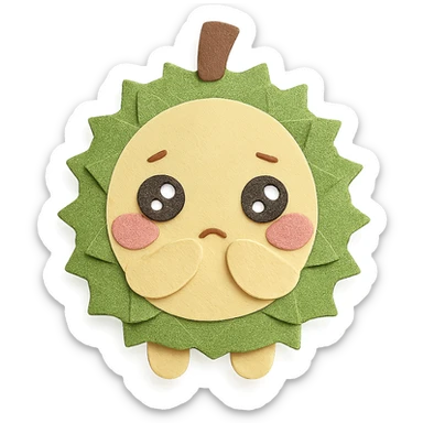 cute chibi soft fluffy durian character, round, green spiky shell, yellow flesh, blushing, shy, sparkly eyes, pastel, full-body sticker