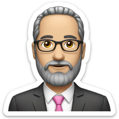 A Jewish man with a beard, thinned dark hair with gray on his head with full pink lips, in a business suit and glasses sticker