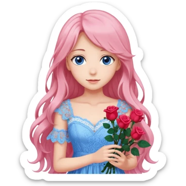 pastel anime woman with pink and white lace dress full body and long hair with roses and blue eyes sticker