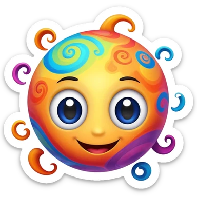 multicolored planet with swirls of bright colors and a happy smiling face with big eyes sticker