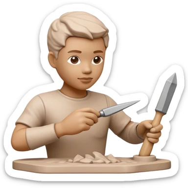 Sculpting icon, clay being shaped with sculpting tools, unfinished sculpture on a textured surface, minimalistic style, clean lines, transparent background. sticker