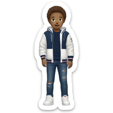 A child that is white with brown hair with a dark blue tommy hilfiger sweater with a dark blue jean and adidas shoes sticker