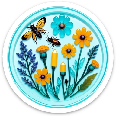 Epoxy resin art icon, jewelry and decorative items made with fluorescent epoxy resin, visible tubes of resin with bright colors, mixing tools, and molds, glowing effect on the resin, finished resin jewelry with dried flowers and insects embedded inside, minimalistic style, clean lines, transparent background sticker