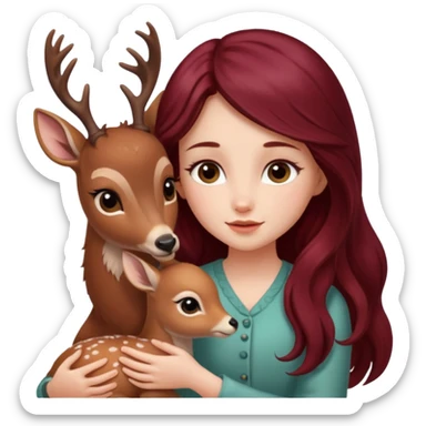 Beautiful burgundy long haired girl petting baby deer sticker