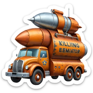 Heroic SuperBug Ron’s exterminator superminator antique rocket powered tall robot moving van (motto: Killing creepy bugs is fun) sticker