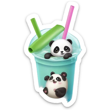Bubble tea with a tiny miniature panda lounging on a itty bitty swim tube sticker