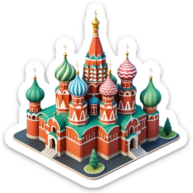 Isometric illustration of Moscow, featuring photorealistic Saint Basil's Cathedral with colorful onion domes, hand-drawn painterly details, subtle texture on bricks and roofs, realistic shadows and soft lighting, muted yet vivid color palette, diorama miniature effect. sticker