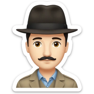 A light-skinned man with short dark hair, a thin mustache, and a black fedora, with an oval face and calm look. sticker