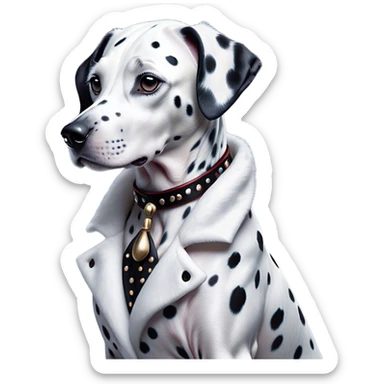Cinematic Noble Dalmatian Portrait Emoji, Poised and regal, with a lean, athletic build and a glossy white coat adorned with distinctive black spots, deep-set soulful dark eyes, Simplified yet sharp and sophisticated features, highly detailed, glowing with a soft, dignified glow, high shine, intelligent and alert, stylized with an air of elegance, focused and attentive, soft glowing outline, capturing the essence of a watchful and confident companion, so majestic it feels as though it could dash out of the screen with effortless authority! sticker