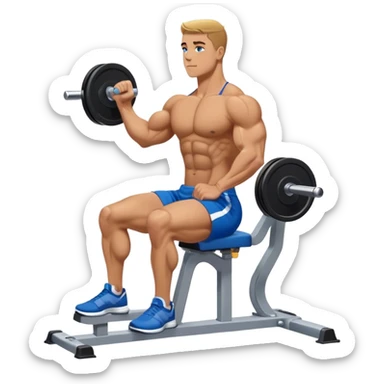side-view bodybuilder in blue shorts seated weighted calf-raise machine on his tip toes sticker