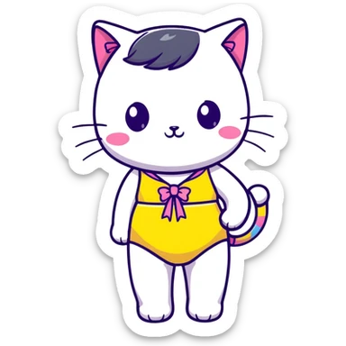 Cute short cat girl with bow, big head and small body in a colorful swimsuit, kawaii style sticker