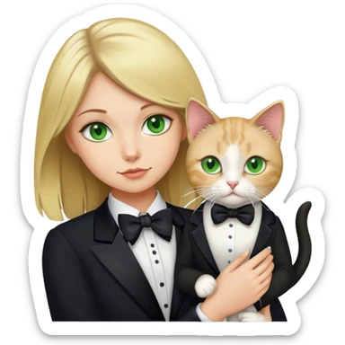 Dirty blonde green eyed girl holding tuxedo  cat￼ sticker