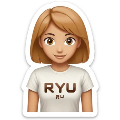 Beautiful girl smilling with big eyes and "ryu" written on tshirt sticker