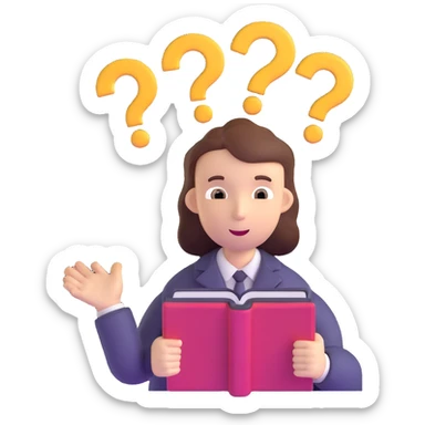 thoughtful character with question marks and open book sticker
