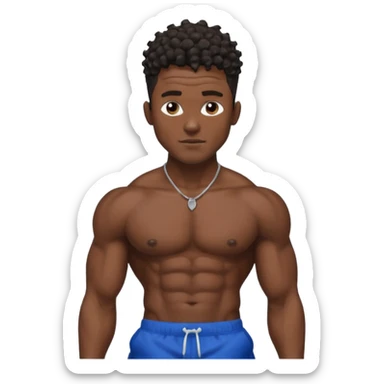 Ripped, athletic man with thick neck, high top fade with no part, curly hair only top only, no shirt and show waistline up, black shorts and more man face sticker
