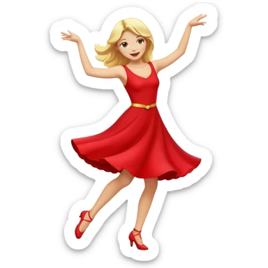 a yellow-blonde woman dancing wearing a red dress, in flat emoji / Apple style, smooth shapes, glossy highlights, bright saturated colors, simple features, minimal details, no outlines, red clothes flowing, joyful pose
 sticker