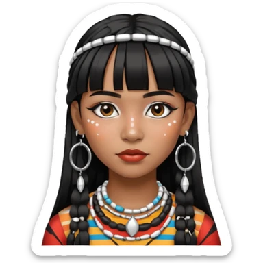 Chica indígena con maquillaje tradicional de indígenas con puntos y rayas, pelo liso y flequillo, con aretes de candongas grandes  sticker