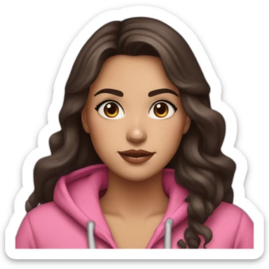 Women with long wavy dark brown hair and long eyelashes dark brown eyes with pink cheeks and pink lips and thick dark brown eyebrows wearing a hoody sticker