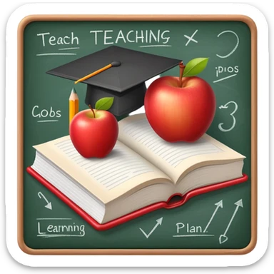 An icon featuring an open book, a pencil, and an apple, symbolizing education and pedagogy. The design includes a chalkboard with a lesson plan and a graduation cap, representing teaching and learning. Transparent background highlights the nurturing of knowledge and growth. sticker