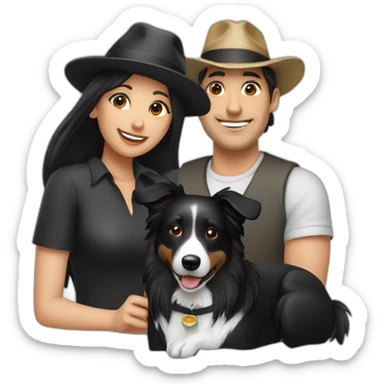 group consisting of man in hat and woman with black ponytail long hair and small black border collie dog sticker