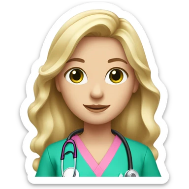 pale blonde girl with long wavy hair and green eyes wearing pink scrubs and stethoscope  sticker